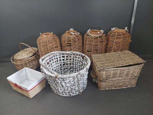 Lot of Wicker Ware inc Baskets and Lantern Holders