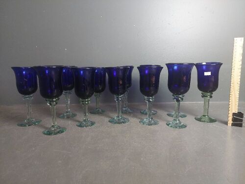 12 Large Blown Blue Mexican Wine Glasses