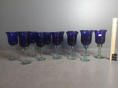 12 Large Blown Blue Mexican Wine Glasses