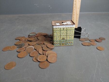 Vintage Commonwealth Bank Tin Money Box, 10 x Australian 1/2 Pennys & Packet of Mixed Australian Pennys