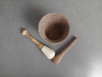 Cast Iron A.K and Sons Mortar and Pestle + Wood Pestle - 2