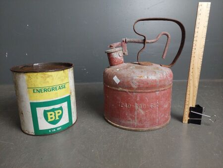 BP 5lb Grease Tin and Hanover Aero E.G Corp Petrol Can