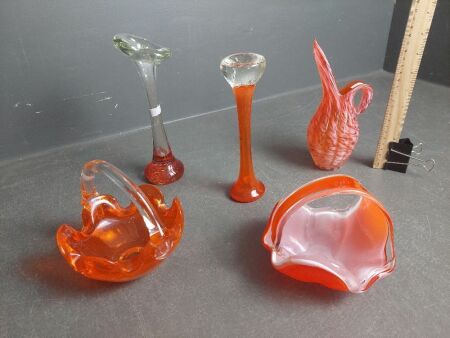 Mid Century Orange Glass Vases and Baskets