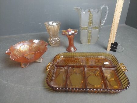 Amber Carnival Glass Platter, Bowl, Crystal Jug and 2 Vases