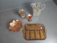 Amber Carnival Glass Platter, Bowl, Crystal Jug and 2 Vases - 2