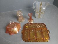 Amber Carnival Glass Platter, Bowl, Crystal Jug and 2 Vases - 3