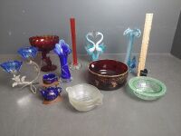 Selection of Coloured Glass Bowls, Vases, Ruby, Blue & Green Glass