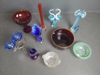 Selection of Coloured Glass Bowls, Vases, Ruby, Blue & Green Glass - 2