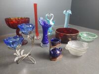 Selection of Coloured Glass Bowls, Vases, Ruby, Blue & Green Glass - 3