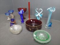 Selection of Coloured Glass Bowls, Vases, Ruby, Blue & Green Glass - 4