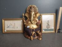 Modern 35cm Gold Ganesh w. Red Rose with 2 Middle Eastern Drawings