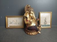 Modern 35cm Gold Ganesh w. Red Rose with 2 Middle Eastern Drawings - 3