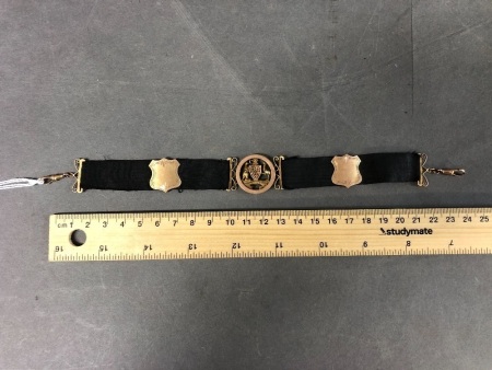 Antique Black Ribbon Garter Bracelet with 9ct Rose & Yellow Gold Australian Coat of Arms, Shields & Fittings - C1910