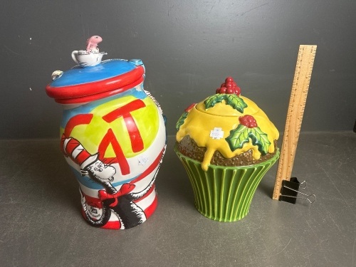 2x Collectable Glazed Ceramic Biscuit Barrels - Cat in the Hat, Christmas Cake