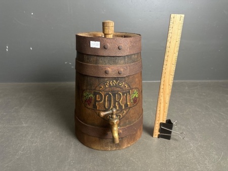 Vintage Wooden Port Barrel with Brass Tap and Metal Binding Rings