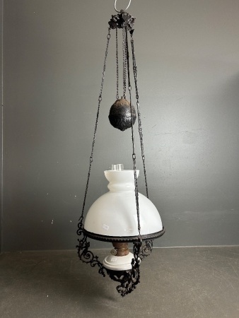 Vintage Iron Hanging Oil Lamp with Ceramic Font and White Glass Shade 