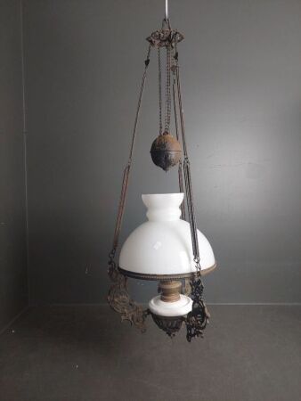 Vintage Iron Hanging Oil Lamp with Ceramic Font and White Glass Shade