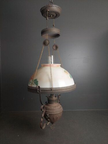 Miller Brass Hanging Oil Lamp with Hand Painted Shade