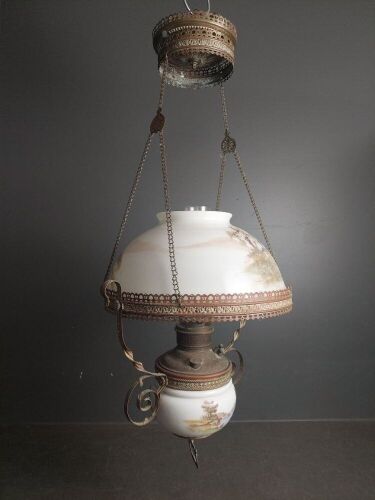 Miller Hanging Oil Lamp with Hand Painted Font and Shade