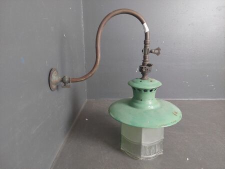 Vintage Gas Lantern Copper Wall Sconce with Smoky Green Glass and Enamelled Metal Shade