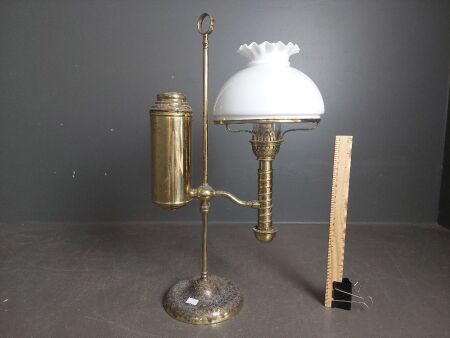 Vintage Brass and Metal Adjustable Student Lamp with White Glass Shade, and Chimney