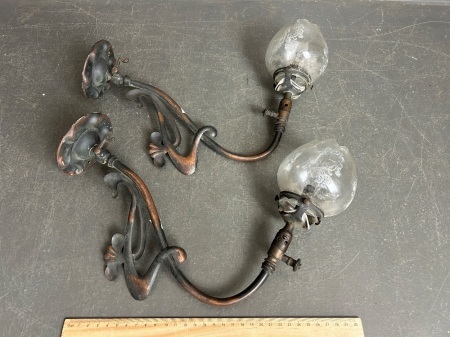 Pair of Vintage Gas Lantern Copper Wall Sconces with Etched Clear Glass Shades