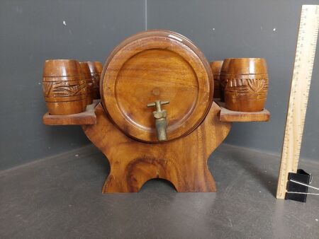 Carved Wine/Spirit Barrel with Wooden Goblets