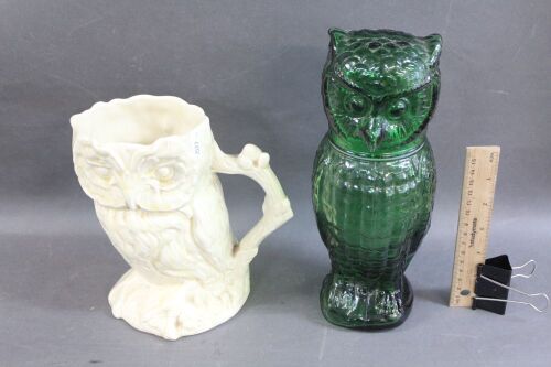 Vintage English Pottery Owl Jug + Mid Century Green Glass Owl Bottle