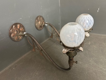 Pair of Vintage Gas Lantern Copper Wall Sconces with White/Clear Glass Shades