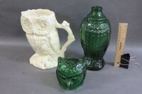 Vintage English Pottery Owl Jug + Mid Century Green Glass Owl Bottle - 2