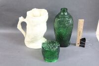 Vintage English Pottery Owl Jug + Mid Century Green Glass Owl Bottle - 3