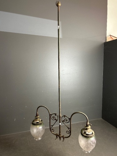 Hanging Copper Twin Gas Lamp with Etched Smoky Green Glass Shades