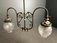 Hanging Copper Twin Gas Lamp with Etched Smoky Green Glass Shades - 2