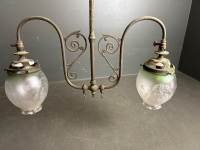 Hanging Copper Twin Gas Lamp with Etched Smoky Green Glass Shades - 3