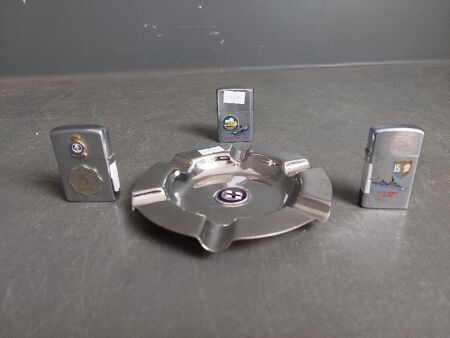 SS Orsova Ash Tray and 3 Military Zippo Lighters