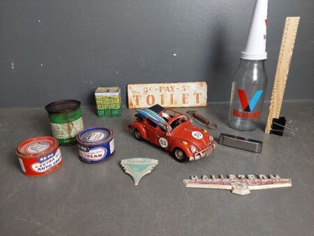 Box Lot inc. Castrol Grease, Repo Valvoline Oil Bottle, Vintage Toilet Sign, VW Model Car, etc