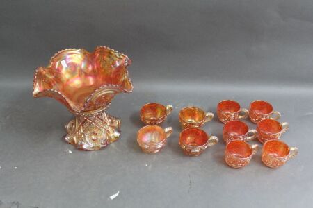 Vintage Marigold Carnival Glass Bowl, Vase/Stand & 10 Cups