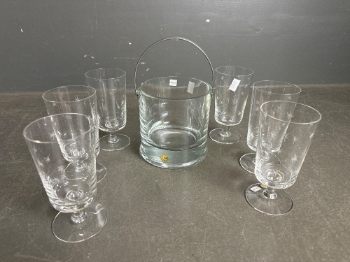 7 Piece Swedish Crystal Drink Set inc ice bucket & 6 star burst stemmed glasses