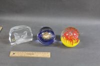 French Crystal Cat Paperweight & 2 Round Glass Paperweights - 2