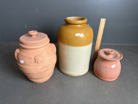 2x Terracotta (Glazed Internal) Kitchen Pots + George Skey Demijohn