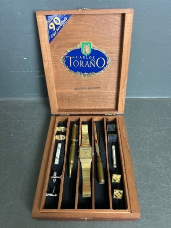 Carlos Torano Cigar Box w. 303 Pen & 303 Paper Knife, Vintage Seiko Watch , Assoted Cuff Links & Tie Bars