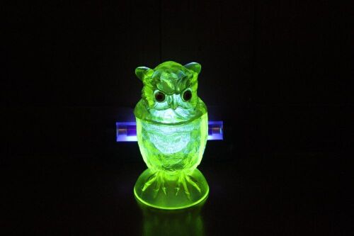 Rare Uranium Glass Owl Pot with Glass Eyes