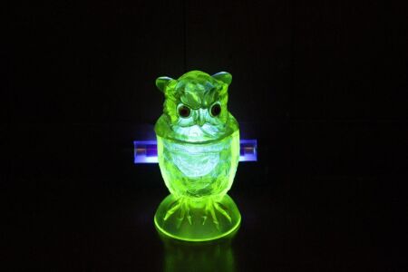 Rare Uranium Glass Owl Pot with Glass Eyes