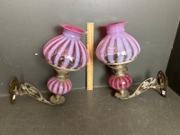 Pair of Antique Brass and Pink Glass Piano Oil Lamps