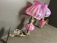 Pair of Antique Brass and Pink Glass Piano Oil Lamps - 2