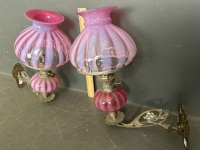 Pair of Antique Brass and Pink Glass Piano Oil Lamps - 3