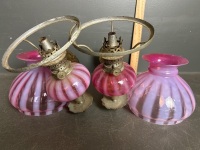 Pair of Antique Brass and Pink Glass Piano Oil Lamps - 4