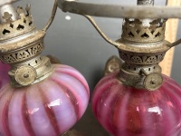 Pair of Antique Brass and Pink Glass Piano Oil Lamps - 5