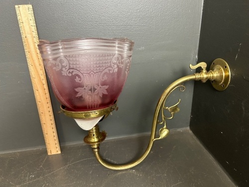 British Made Gas Wall Sconce Brass with Etched Frosted Pink Shade