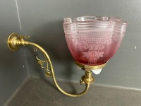 British Made Gas Wall Sconce Brass with Etched Frosted Pink Shade - 2